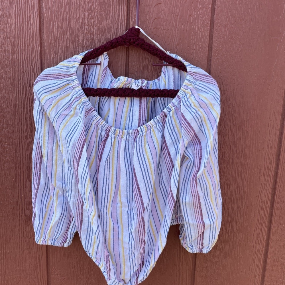 Gap Womens Cropped Blouse Size L Multicolored Striped Elastic Boat‎ Neck Hem Tie